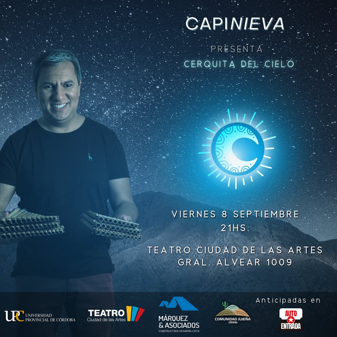 ¡CÓRDOBA, preparate para volar "Cerquita del cielo"! 🚀✨ 

Viernes 8 de septiembre, teatro Ciudad de las Artes de la provincia de Córdoba a una noche inolvidable…

¡¡Presentación del último disco!! 🥳🥳

🎫 Entradas DISPONIBLES en boleterías del teatro y autoentrada.com