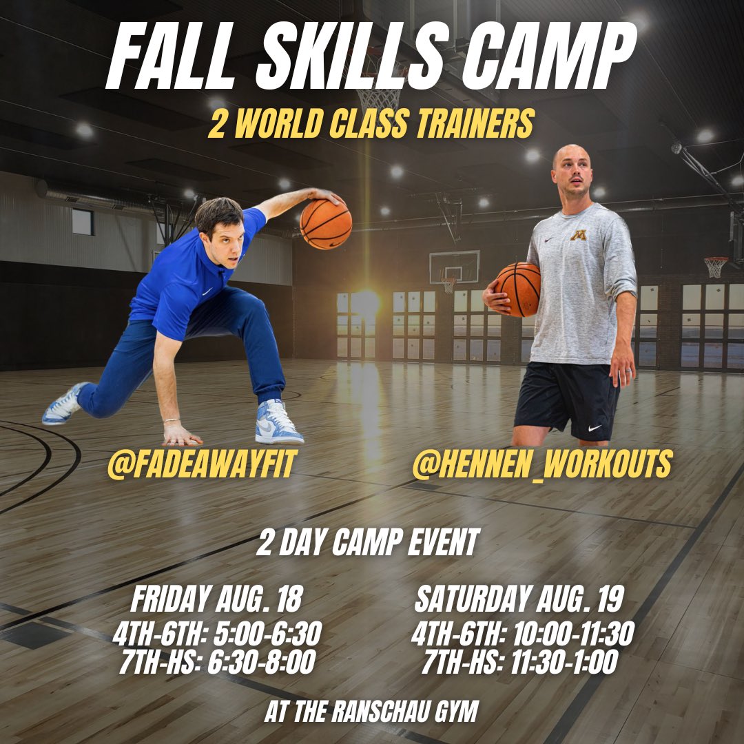 Big time collab camp with <a href="/FadeawayFit/">Fadeaway Fitness</a> 🔥

Northwest Iowa / Sioux Falls area 🚨

Friday Aug. 18 &amp; Saturday Aug. 19

LET’S GET IN THE GYM! 

Sign up here:
shorturl.at/luyO0