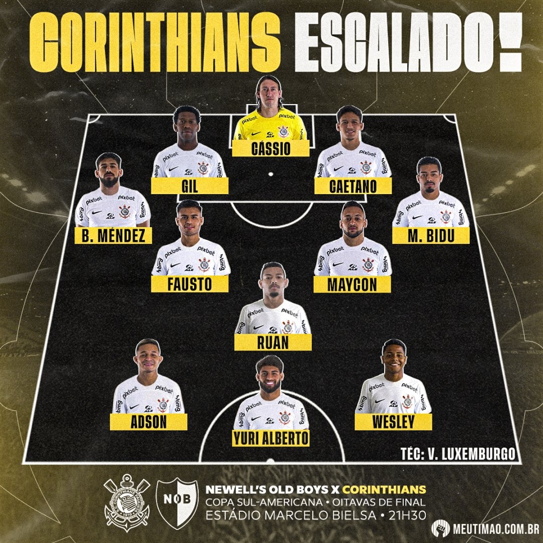 Los 11 titulares del Corinthians para visitar a Newells, por el partido de vuelta  de los  octavos de final de la  #ConmebolSudamericana