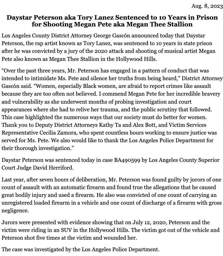 meghanncuniff's tweet photo. "I commend Megan Pete for her incredible bravery and vulnerability as she underwent months of probing investigation and court appearances where she had to relive her trauma, and the public scrutiny that followed."
- Los Angeles County District Attorney George Gascon https://t.co/8GI1lh0GkS