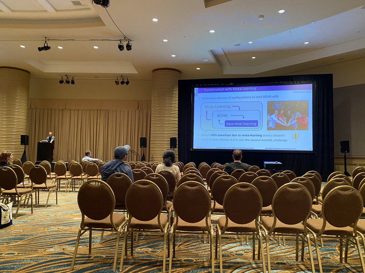 dirkvandenpoel's tweet photo. Lots of talks on the topic of AutoML. The #KDD2023 Test of Time Award Presentation by Frank Hutter gave a nice overview of the evolution of the #AutoML field. #AI #weka #sklearn #AutoWEKA #AutoSklearn #datamining https://t.co/5mF1RNaHYo
