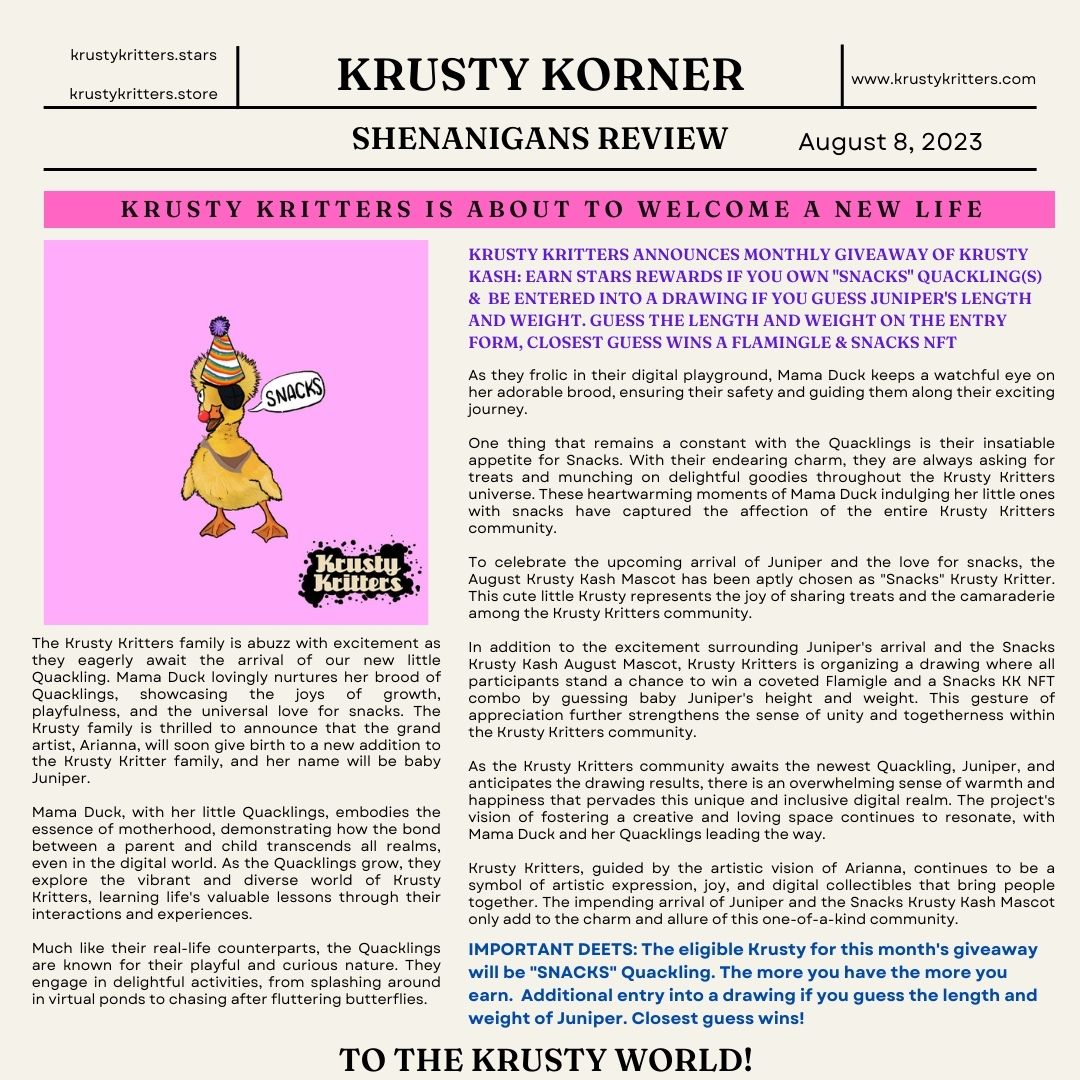 KrustyKritters's tweet photo. August Giveaway details - read all about it! Collect them Krusties for more Krusty Kash each month! New combinations announced monthly
Wallet submission form: https://t.co/oE4BzpD267
#KeepItKrusty #KrustyKash #KrustyKorner #Shenanigans #SNACKS #NewLife #Juniper https://t.co/OKtYwGpzEM