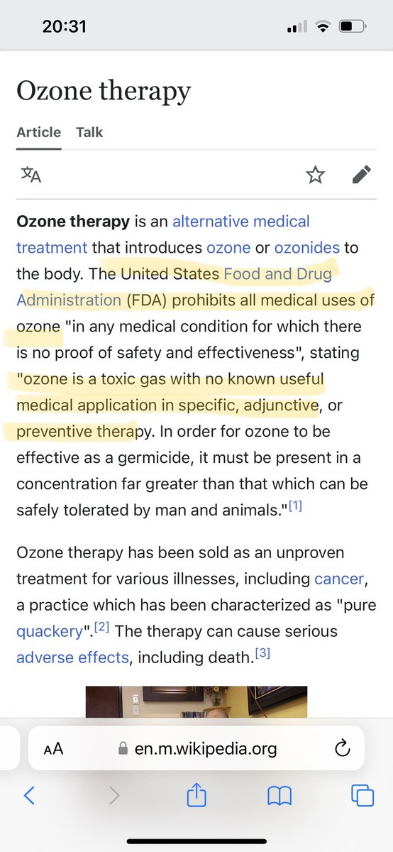 Ramirozg's tweet photo. Aqui na Wikipédia, diz que o FDA proíbe ozonioterapia para qualquer condição médica. Diz também que é um gás tóxico, e que apesar de germicida, para atingir tal propriedade, teria que ser administrado em uma concentração muito maior do que a tolerada por qualquer animal ou humano https://t.co/wbNAEvY76D