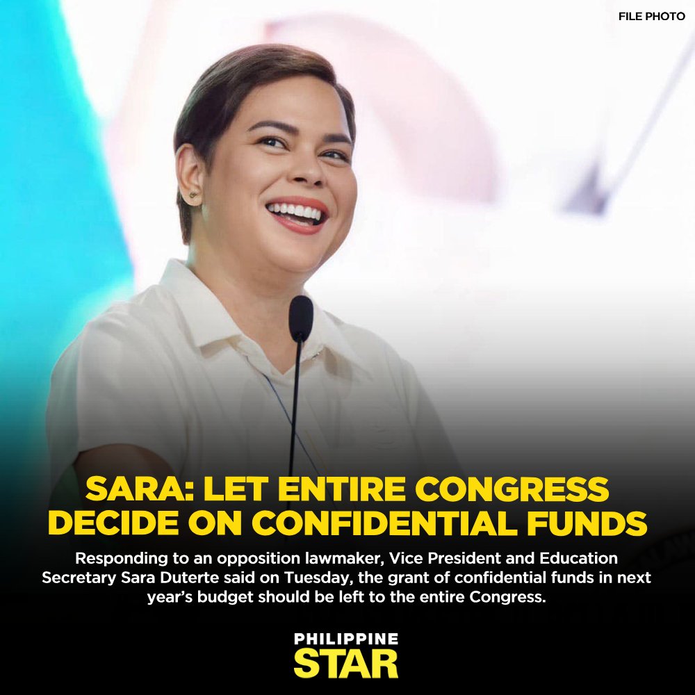 PhilippineStar's tweet photo. Vice President and Education Secretary Sara Duterte is reacting to ACT Teachers party-list Rep. France Castro’s pronouncement that her agency should be renamed “Department of Surveillance” because of its confidential expenses. https://t.co/Nd0QEZy9Eu | via @onenewsph https://t.co/LQqLwkZy57