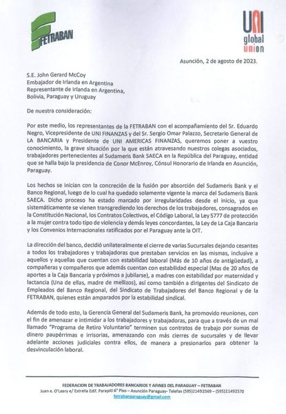 sebaalvareza's tweet photo. 🔥CONFLICTO SUDAMERIS-REGIONAL/TRABAJADORES

La Federación de Trabajadores Bancarios y Afines del Paraguay junto con, la @uniamericas y el acompañamiento de @La_Bancaria  han presentado una denuncia a la embajada de Irlanda en Buenos Aires. 

Exponen los atropellos a los cuales https://t.co/BeAVBX6o5P