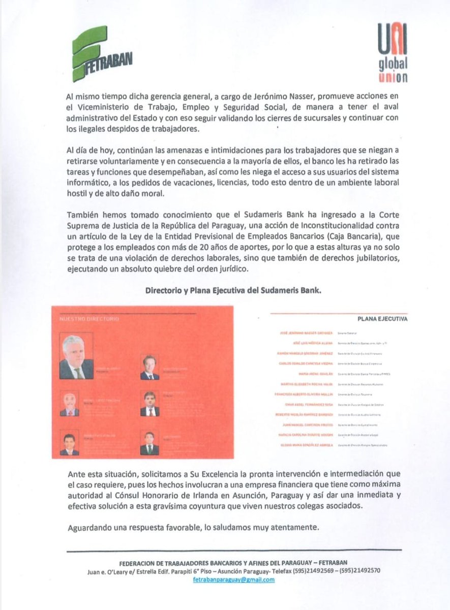 sebaalvareza's tweet photo. 🔥CONFLICTO SUDAMERIS-REGIONAL/TRABAJADORES

La Federación de Trabajadores Bancarios y Afines del Paraguay junto con, la @uniamericas y el acompañamiento de @La_Bancaria  han presentado una denuncia a la embajada de Irlanda en Buenos Aires. 

Exponen los atropellos a los cuales https://t.co/BeAVBX6o5P