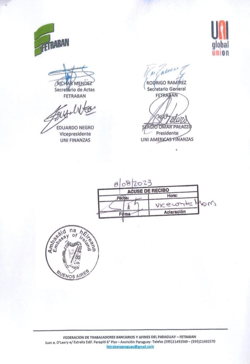 sebaalvareza's tweet photo. 🔥CONFLICTO SUDAMERIS-REGIONAL/TRABAJADORES

La Federación de Trabajadores Bancarios y Afines del Paraguay junto con, la @uniamericas y el acompañamiento de @La_Bancaria  han presentado una denuncia a la embajada de Irlanda en Buenos Aires. 

Exponen los atropellos a los cuales https://t.co/BeAVBX6o5P