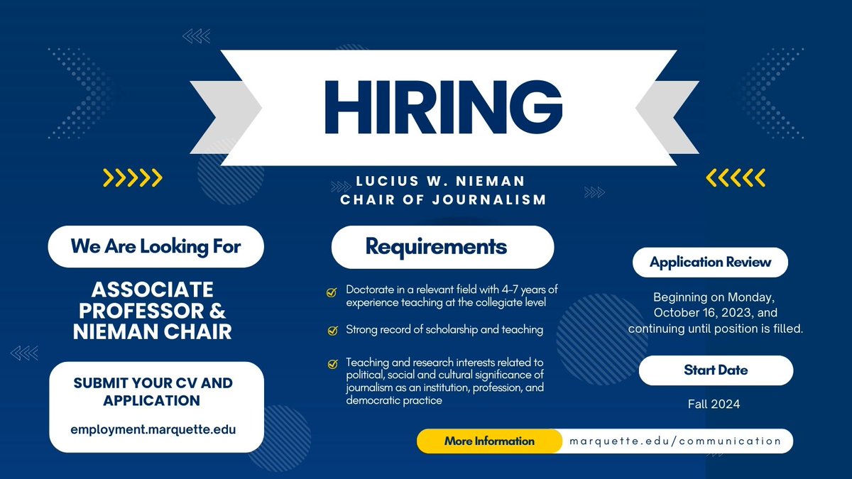 Are you an engaged scholar-teacher with a passion for the next generation of #journalists? We are excited to start our search for the next Lucius W. Nieman Chair of Journalism bit.ly/3rMHoKF #facultyjobs #journalism #scholarship #hiring