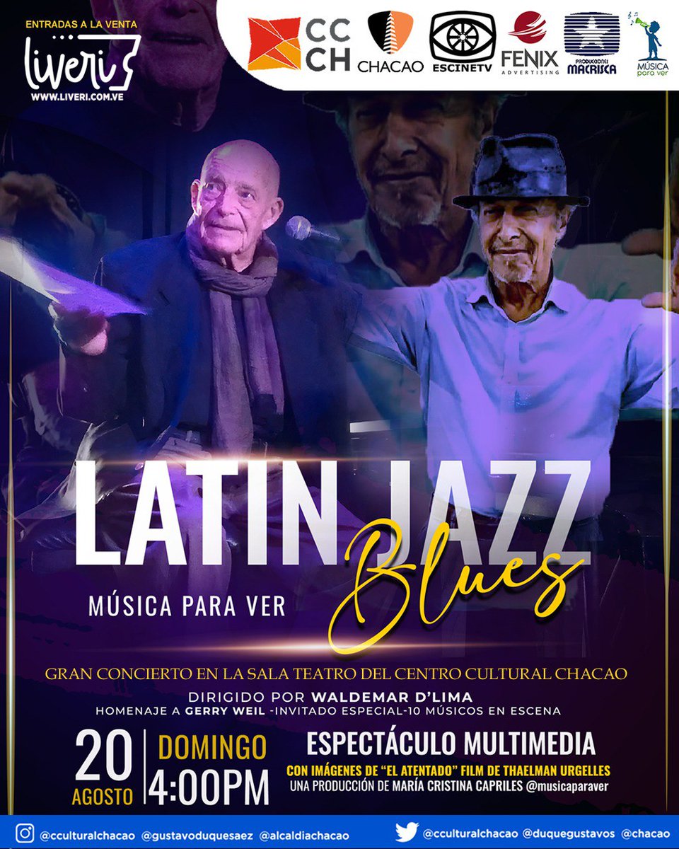 🎷 Música para ver Latín Jazz

Vive una gran experiencia llena de música en vivo, y a su vez disfruta  de la proyección de distintas secuencias de la película venezolana "El Atentado" (1985).

📅 20 de agosto a las 4:00 p.m. 

📍Salsa Teatro.

🎫 Entradas a través de 
<a href="/Liveri_ve/">Liveri Venezuela</a>
