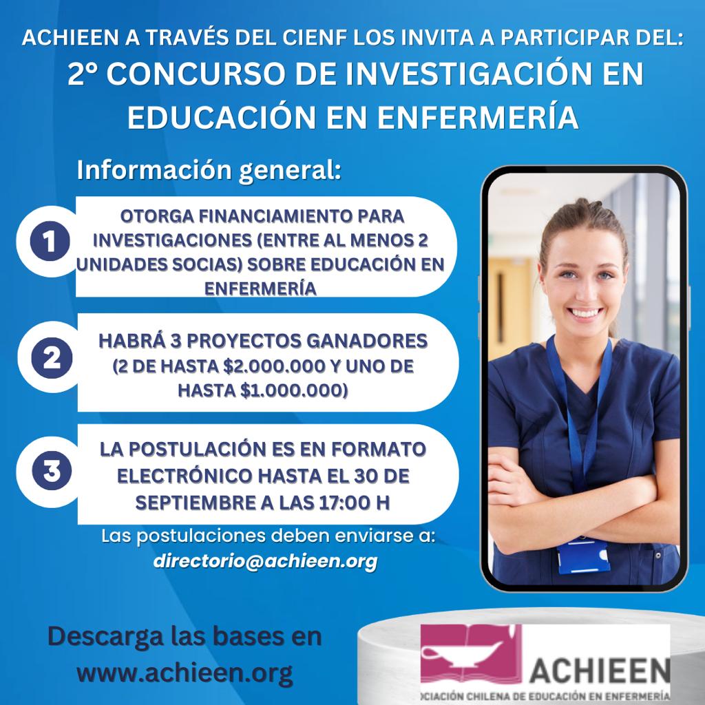 ACHIEEN1's tweet photo. 2° Concurso de Investigación en Educación en Enfermería.

Descarga las bases en https://t.co/Ny7UzMuEy4
 
Las postulaciones deben enviarse a: directorio@achieen.org 

#ACHIEEN #educación #salud #enfermeria https://t.co/XPM8IzH2Io