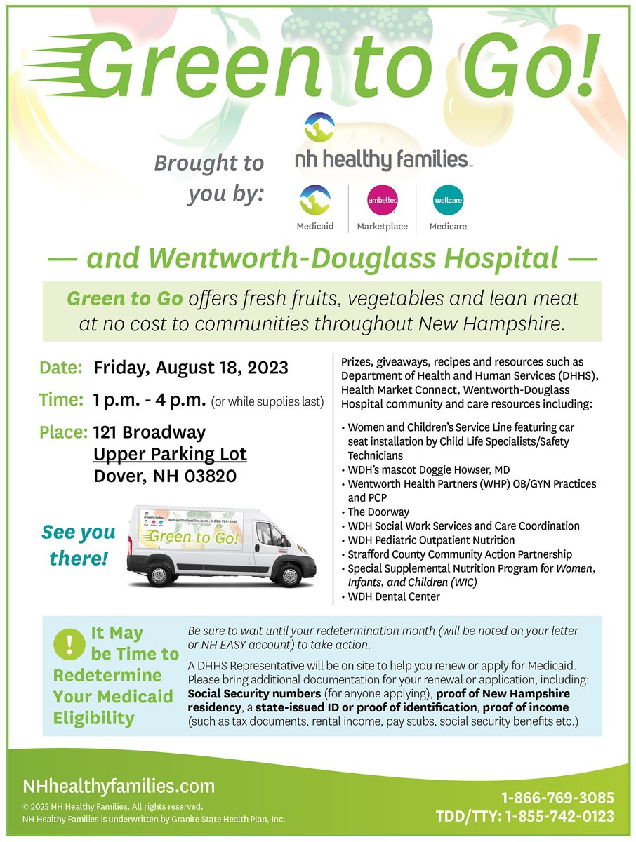 NHhealthy's tweet photo. Green to Go next week! Join us on Friday, August 18th from 1 pm to 4 pm at 121 Broadway in Dover, NH. Fresh fruits, veggies, lean meat and more, at no cost to you. A DHHS Representative will be on site to help you renew or apply for Medicaid. #NHhealthy #GreenToGo https://t.co/fnhI9Qqqud