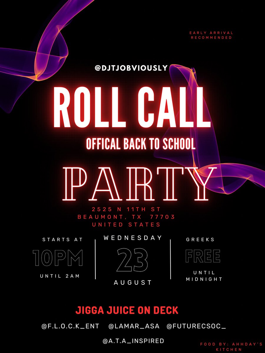 FLOCK__ENT's tweet image. Roll Call‼️‼️ 🗣️ #LU23 #LU24 #LU25 #LU26 
Official back to school party for 2023-2024 
@FLOCK__ENT 
@LAMAR_ASA
 @FUTURECSOC_

FOOD BY: AHHDAY’s Kitchen🔥

2525 N 11TH ST
BEAUMONT, TX 77703
UNITED STATES