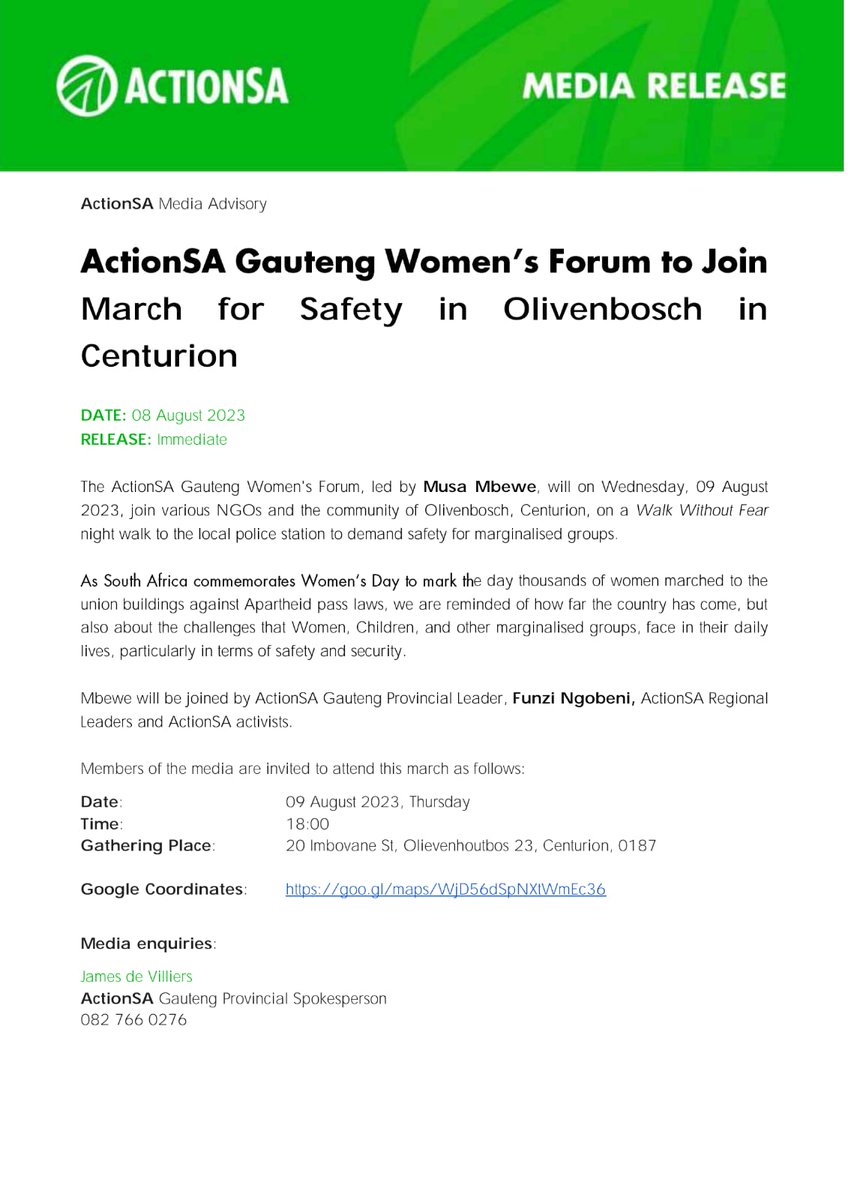 FGcisa's tweet photo. Join ActionSA Gauteng Women's Forum Chairperson, Musa Mbewe &amp; Ambassadors on National Women's Day 9 August. #WalkWithoutFear ✊️
@Funzi_Ngobeni @Action4SA @RamoseleS @CannyNesh @Boitu_Molefe_ @henriettefroh @masina_siphiwe @MahlaselaKilson https://t.co/iafjYtxmGR