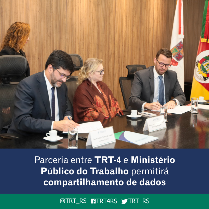 TRT_RS's tweet photo. O #TRT4 e o @MPT_RS assinaram um termo de cooperação técnica que permitirá o compartilhamento de informações entre as instituições. 

Trata-se da primeira adesão no país ao acordo celebrado em março entre o @csjt_oficial e o @MPTrabalho, em Brasília

Leia: https://t.co/0CsUViNaAy https://t.co/1Za0HxUGfB