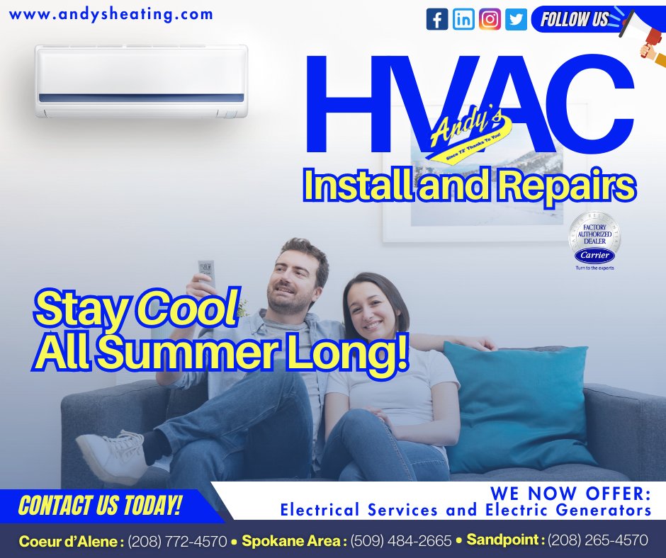 AndysHeating's tweet image. Call Andy's Heating and Cooling today!
We now offer Electrical Services and Electric Generators.
.
.
#AndysHeatingAndCooling #ACCheckup #SummerReady #BeatTheHeat #HVACMaintenance #DaltonGardens #Idaho #HeatingAndCooling #hvac #hvaclife #electrician