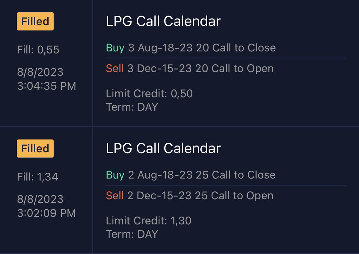RollingTomLi's tweet photo. Rolled the $LPG Covered Calls for December expiration. Hope I won’t get called away, extrinsic value should be high enough. 
For the try I have open 15/20/25calls
Still planning to close tmw, but will be interesting. 
And I am curious how long it will take me to close the trade, as the spread on the calls is rather wide.
But with the dividend added I have some room to experiment