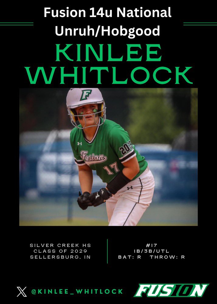 FusionHobgood's tweet photo. Welcome back @kinlee_whitlock!! Kinlee brings a big bat to the lineup and plays a great corner! Looking for big things from you this fall! Excited to have you back, Kinlee! #LLAP #Fusionfamily #girlsingreen #Fusion10year https://t.co/hLsqx6E6xk