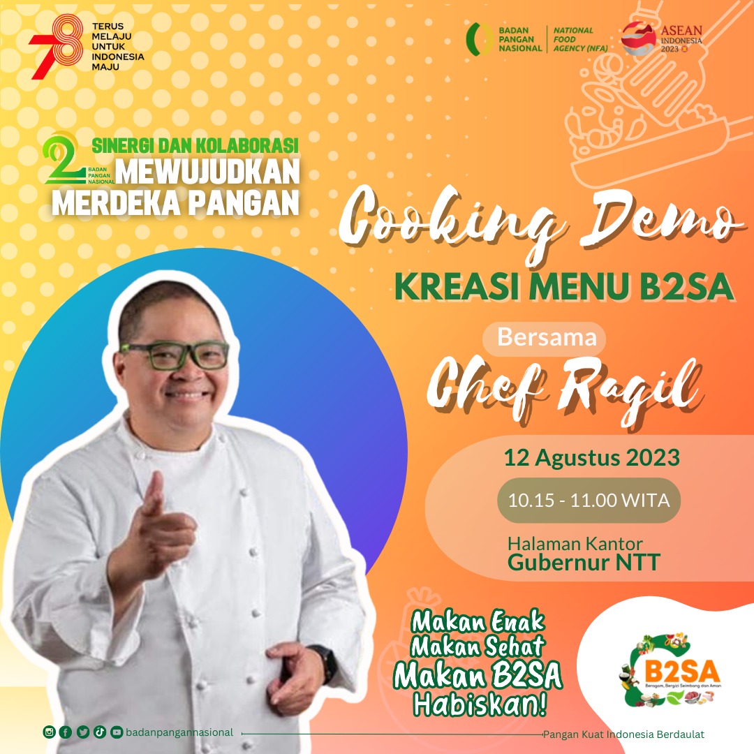 BadanPangan's tweet photo. Halo #SobatPangan, Dalam rangka menyemarakkan HUT NFA Ke-2, jangan lewatkan Cooking Demo kreasi menu B2SA ala NTT bersama Chef Ragil!
Catat tanggalnya, jangan sampai ketinggalan ya!
#Bapanas #NFA #PanganLokal #KetahananPangan #B2SA #PanganBeragam #NTT #Kupang https://t.co/I9sOPH7xmo