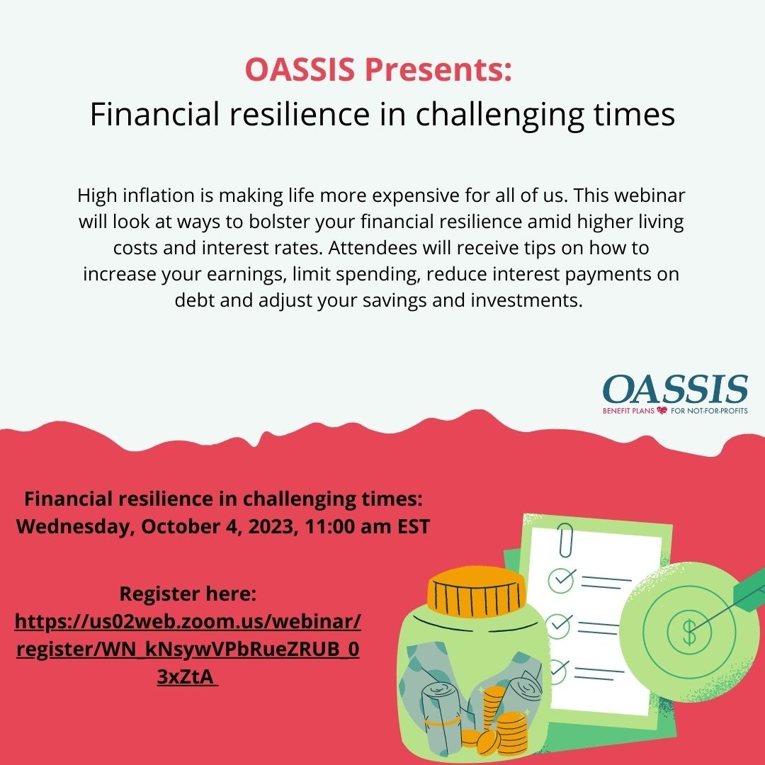 OASSISplan's tweet photo. It is tough being financially resilient in times of high costs &amp; interest rates. Join us on October 4th and learn some helpful tips on how to increase savings and much more! Register here: https://t.co/cHes5pgsaE https://t.co/vMkZOmOEm0