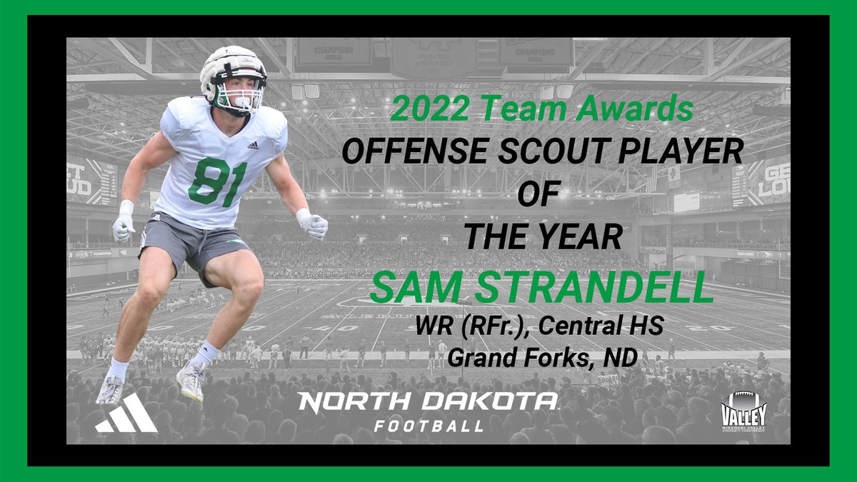 UNDFBRecruiting's tweet photo. Putting a bow on 2022 with our team awards, as voted by the 2022 team, as we get excited for 2023!

2022 Offensive Scout Player of the Year, Sam Strandell @SamStrandell out of Central HS @GFC_football in Grand Forks, ND. #DayByDay https://t.co/jMoYyiz9s8