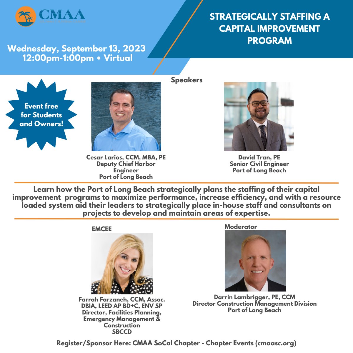 Join CMAA Southern California to learn how the Port of Long Beach strategically plans the staffing of its capital improvement programs to maximize performance and increase efficiency.

Register here: cmaasc.org/event-5354570/…