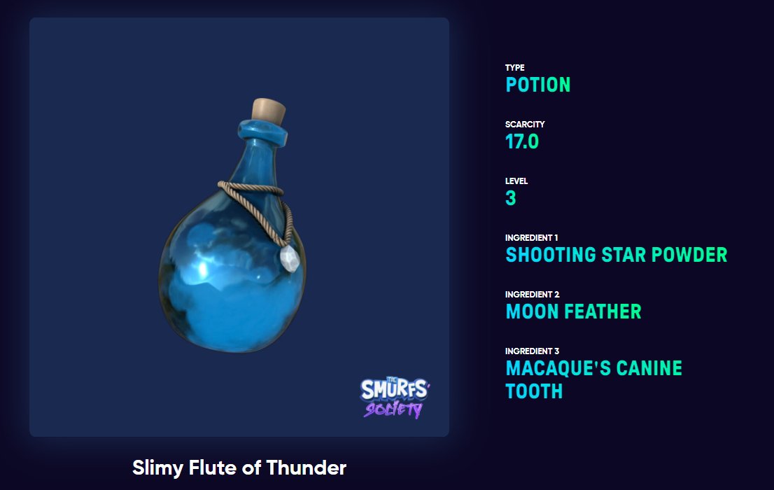 We have our first winner! 🥳

A Legendary Smurf holder has found our first new potion, Slimy Flute of Thunder 🧪
app.thesmurfssociety.com/detail/potions…

Now the race is on to find the next two potions for this round of the game!
Will you find it? 👀

#SmurfsGame #Smurfs #Potions #Game