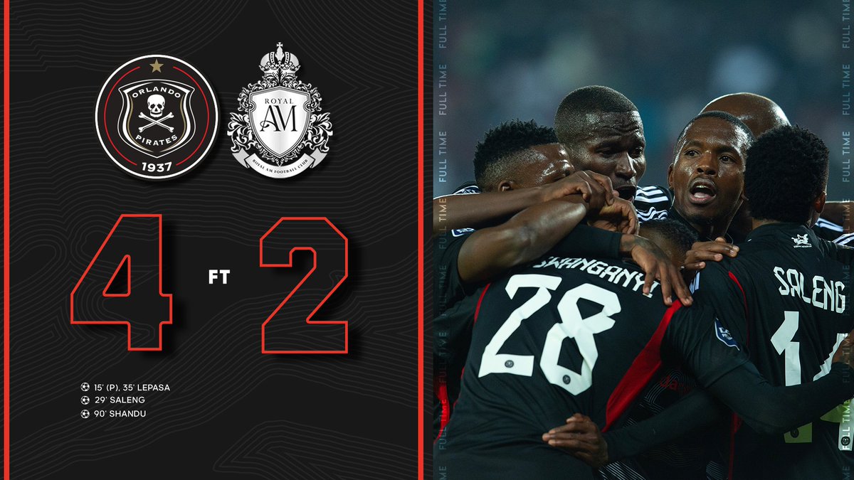 orlandopirates's tweet photo. ☠️ FT || @orlandopirates 4 - 2 @RAMFC_sa

🥅 15' (P), 35' Lepasa
🥅 29' Saleng
🥅 90' Shandu

⚫️⚪️🔴⭐️
#Matchday #DStvPrem
#OrlandoPirates
#OnceAlways https://t.co/YrYZZVXqMS