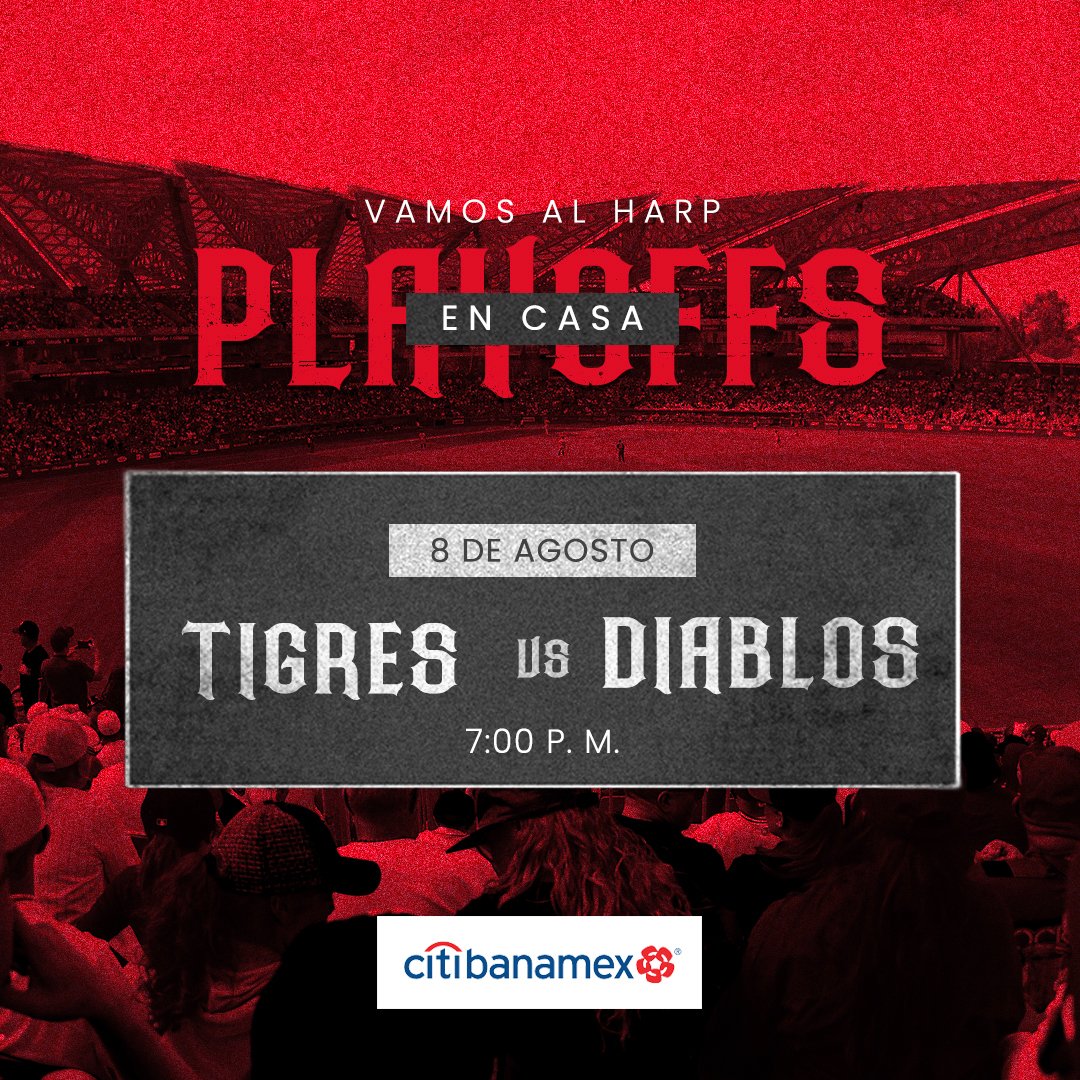 HarpEstadio's tweet photo. JUEGO 1 PLAYOFFS 🐯🆚👹

Acceso: 5:00 p.m.
Playball: 7:00 p.m.
Estacionamiento: $200 https://t.co/v4WpIKMtZK
