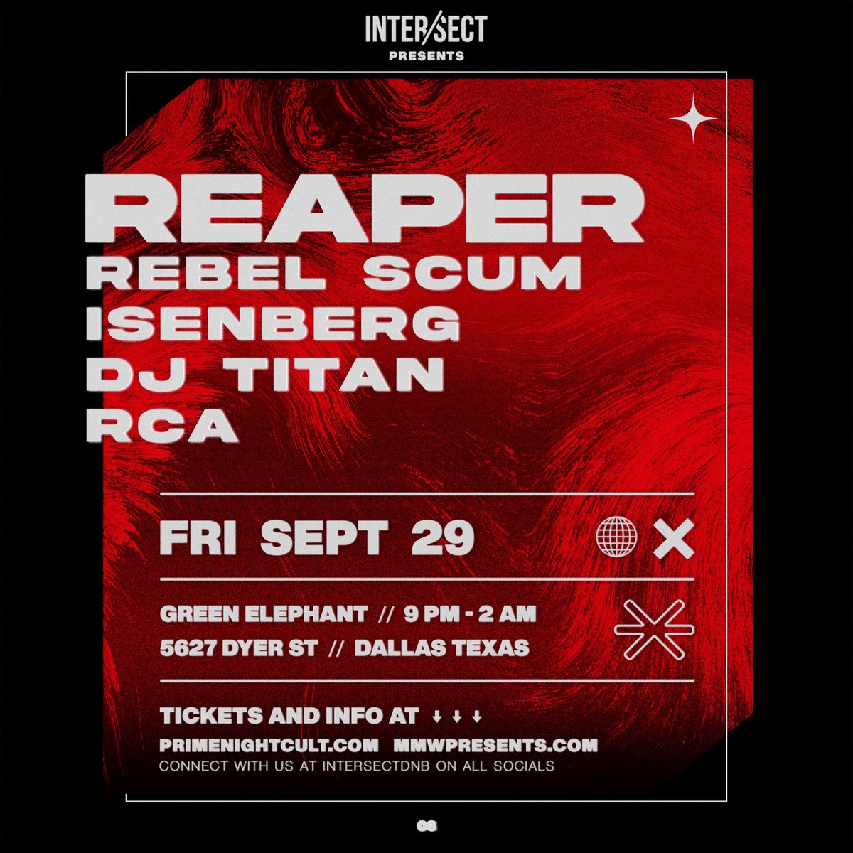 US Drum &amp; Bass trailblazer REAPER returns to INTER/SECT alongside fellow alumni Rebel Scum to bring Dallas, TX a taste of aggressive, hard-hitting, jump up and neuro dnb flavor!

See you on the floor September 29th at Green Elephant ⚡️⚡️⚡️