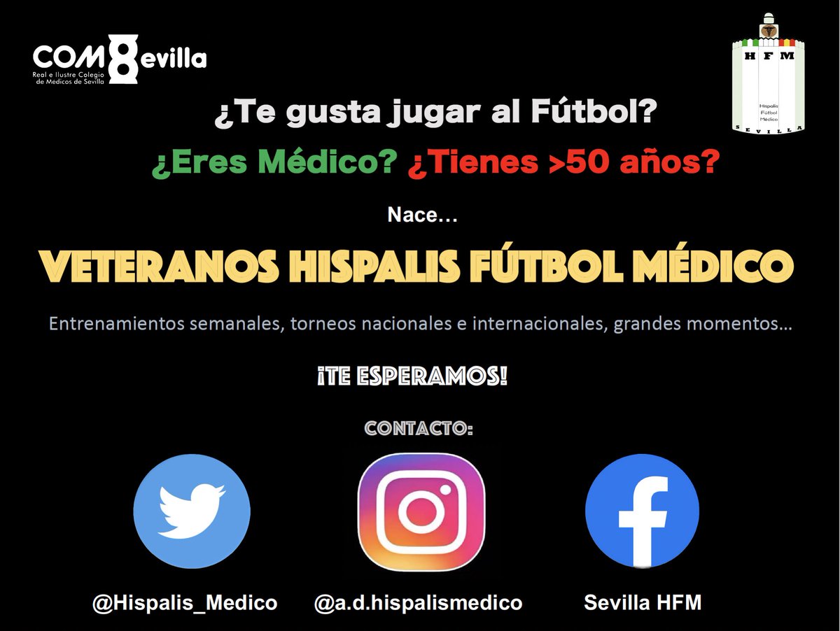 🚨 Equipo Veteranos Hispalis Fútbol Médico (>50 años)

¿Eres Médico y tienes más de 50 años?
¿Te gusta jugar al Fútbol?

⚽️ Entrenamientos semanales, Torneos Nacionales e Internacionales, amistades, multitud de vivencias y grandes momentos…

No lo dudes! Te esperamos