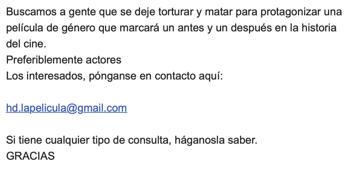 harddefiniti0n's tweet photo. Hace 11 años publicamos este anuncio en varios foros y webs en las que se anuncian castings.    

Hace 11 años asesinamos a una persona para hacer la mejor película de la historia del cine de terror.

En estos 11 años nadie se ha preocupado del muerto.    

Se llamaba Pep⬇️ https://t.co/4kaCe1pauv