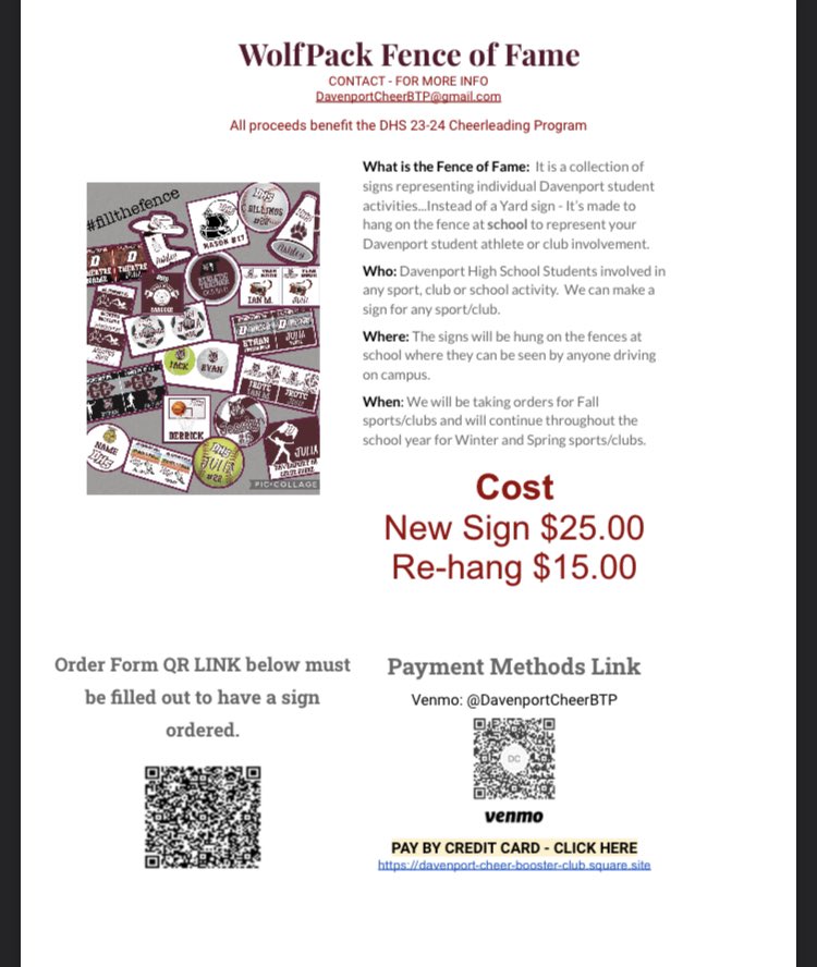 dhs_wolvescheer's tweet image. It’s that time of year!! #fillthefence 🛑 make sure you complete the 2️⃣ steps #1: Complete the google form and #2 Send payment by Venmo or CC! 📣🐺 docs.google.com/forms/d/e/1FAI…