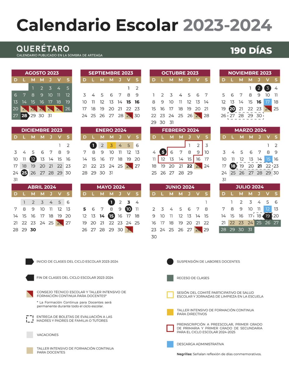 USEBEQOficial's tweet photo. Calendario escolar de 190 días para el ciclo 2023-2024.
Días inhábiles el viernes 03 de noviembre, martes 12 de diciembre y viernes 10 de mayo de 2024.
Inicio del ciclo escolar el lunes 28 de agosto y concluirá el viernes 19 de julio de 2024. #CONTIGO #FamiliaUSEBEQ https://t.co/T9PZaL2O1D