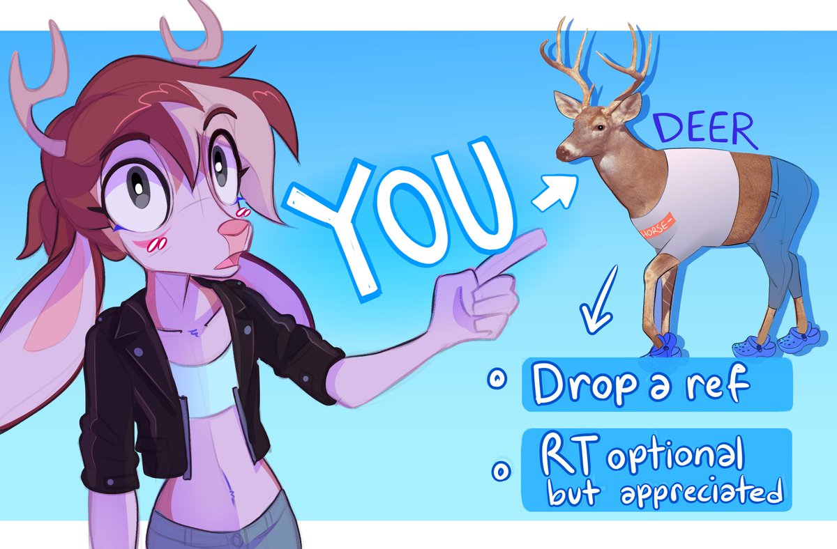 HAVE YOU EVER WONDERED WHAT YOU'D LOOK LIKE AS A DEER? — I'm here to answer that! (FOR FREE!) 🫵🦌

➡️ Drop a REF (of anything you wish to deerify)
🧡 RT(ing is optional but appreciated!)