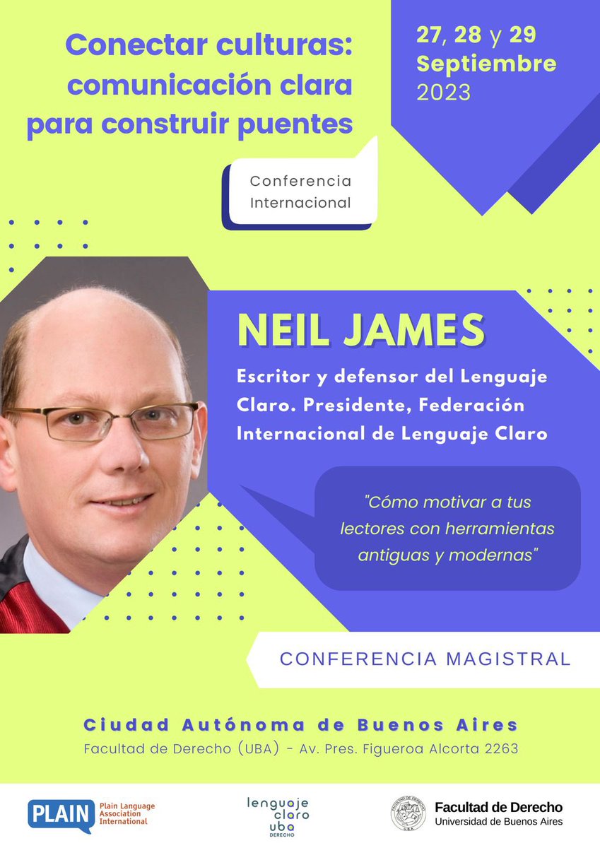 🥁Otra clase magistral imperdible en  la 🏛️conferencia #Plain2023 #LenguajeClaro  

Neil James 🇦🇺 

Todavía no te inscribiste? Dale que estás a tiempo ‼️👇👇👇

👩🏻‍💻✍️➕ℹ️ acortar.link/5cH69N

<a href="/LClaro_UBA/">Observatorio de Lenguaje Claro UBA - Derecho</a> <a href="/PLAIN_Lang_Intl/">Plain Language Association International (PLAIN)</a>