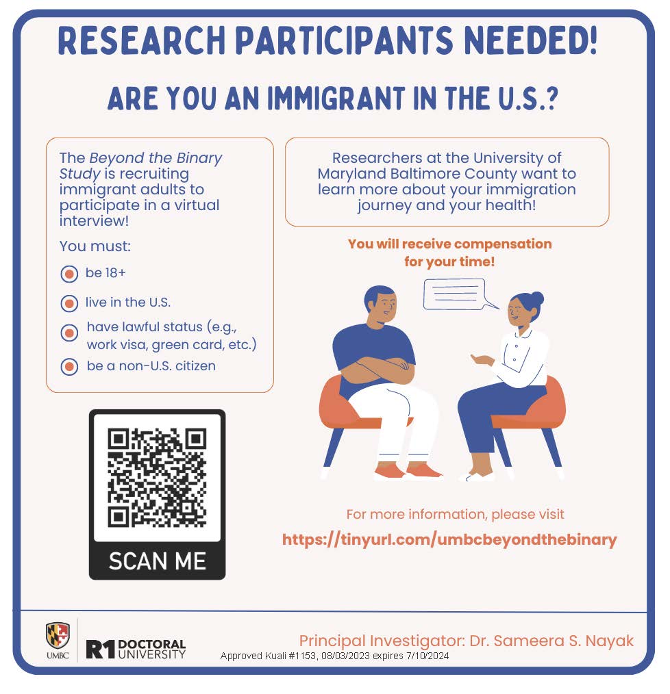 Dr. <a href="/Sameera_Nayak/">Dr. Sameera Nayak</a> is recruiting participants for her upcoming study. Please help her spread the word!
<a href="/UMBCsaph/">UMBC Sociology, Anthropology & Public Health</a> <a href="/UMBCSocSci/">UMBC Center for Social Science Scholarship</a> <a href="/UMBC_CAHSS/">UMBC CAHSS</a> <a href="/UMBCPubPolicy/">The School of Public Policy at UMBC</a>