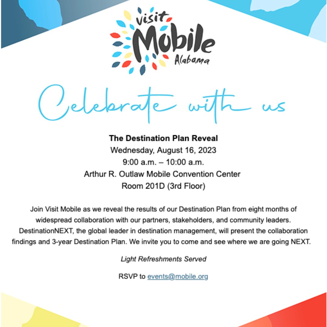 VisitMobileBiz's tweet photo. Join @VisitMobileAL as the global leader in destination management, DestinationNEXT, unveils our Destination Plan and charts the course for our future endeavors!
๐๏ธ August 16, 2023
๐ Mobile Convention Center
โฑ๏ธ 9:00 a.m.-10:00 a.m.
#VisitMobile #DestinationNEXT https://t.co/DnPxSVOJGe