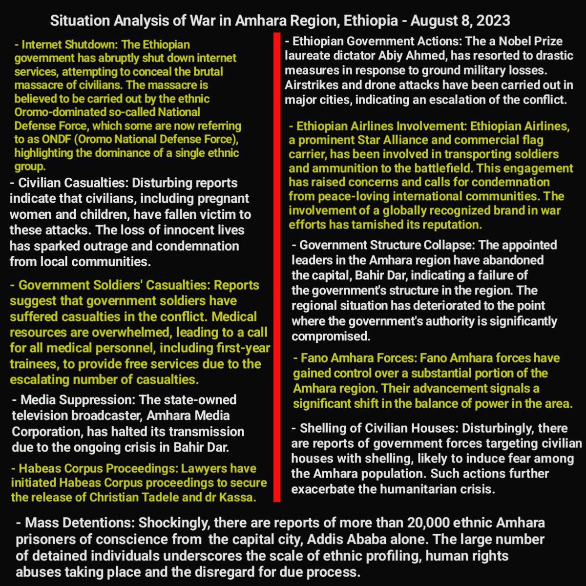 tadesse_yuri's tweet photo. Situation Analysis of War in Amhara Region, Ethiopia - August 8, 2023

The Amhara region in Ethiopia is currently facing a dire situation marked by violence and brutality. Here's a breakdown of the key developments:

- Internet Shutdown: The Ethiopian government has abruptly shut down internet services, attempting to conceal the brutal massacre of civilians. The massacre is believed to be carried out by the ethnic Oromo-dominated so-called National Defense Force, which some are now referring to as ONDF (Oromo National Defense Force), highlighting the dominance of a single ethnic group.

- Ethiopian Government Actions: The a Nobel Prize laureate dictator Abiy Ahmed, has resorted to drastic measures in response to ground military losses. Airstrikes and drone attacks have been carried out in major cities, indicating an escalation of the conflict.

- Civilian Casualties: Disturbing reports indicate that civilians, including pregnant women and children, have fallen victim to these attacks. The loss of innocent lives has sparked outrage and condemnation from local communities.

- Ethiopian Airlines Involvement: Ethiopian Airlines, a prominent Star Alliance member and commercial flag carrier, has been involved in transporting soldiers and ammunition to the battlefield. This engagement has raised concerns and calls for condemnation from peace-loving international communities. The involvement of a globally recognized brand in war efforts has tarnished its reputation.

- Government Soldiers' Casualties: Reports suggest that government soldiers have suffered casualties in the conflict. Medical resources are overwhelmed, leading to a call for all medical personnel, including first-year trainees, to provide free services due to the escalating number of casualties.

- Government Structure Collapse: The appointed leaders in the Amhara region have abandoned the capital, Bahir Dar, indicating a failure of the government's structure in the region. The regional situation has deteriorated to the point where the government's authority is significantly compromised.

- Media Suppression: The state-owned television broadcaster, Amhara Media Corporation, has halted its transmission due to the ongoing crisis in Bahir Dar. 

- Fano Amhara Forces: Fano Amhara forces have gained control over a substantial portion of the Amhara region. Their advancement signals a significant shift in the balance of power in the area.

- Shelling of Civilian Houses: Disturbingly, there are reports of government forces targeting civilian houses with shelling, likely to induce fear among the Amhara population. Such actions further exacerbate the humanitarian crisis.

- Unconstitutional Imprisonment: Christian Tadele, a representative in the Ethiopian parliament, has been unlawfully imprisoned without his immunity being revoked. 

- Assault on Christian Tadele and Dr. Kassa: Dr. Kassa, a member of Ethiopian Parlament and a member of the Addis Ababa city council, have reportedly been subjected to physical abuse and torture until they bled. This brutal treatment indicates Ethiopia’s descent into Anarchy. 

- Habeas Corpus Proceedings: Lawyers have initiated Habeas Corpus proceedings to secure the release of Christian Tadele and dr Kassa.

- Mass Detentions: Shockingly, there are reports of more than 20,000 ethnic Amhara prisoners of conscience from  the capital city, Addis Ababa alone. The large number of detained individuals underscores the scale of ethnic profiling, human rights abuses taking place and the disregard for due process.

In conclusion, the situation in the Amhara region of Ethiopia is deeply troubling, marked by violence, civilian casualties, and governmental instability. The international community's attention and intervention are crucial to address the escalating conflict and the humanitarian crisis it has triggered.

@FRANCE24 @BBCAfrica @AJEnglish @washingtonpost @AFP @USEmbassyAddis @StateDept 
@EthioHRC @ocaorg @amnesty @hrw @AJEnglish @BBCNews @CNN @AFP