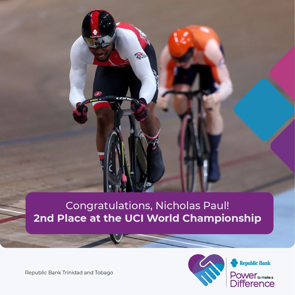 republicbanktt's tweet photo. Powered to succeed! Congratulations to our brand ambassador, Nicholas Paul, who rode his way into the history books on Monday, becoming T&amp;T's most decorated international cyclist!

Outstanding performance, Nicholas! You've made us proud! 🥈🎉🙌 https://t.co/jULUIASejU