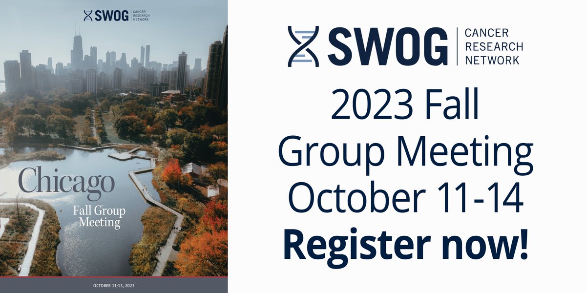 Registration is now open for the @SWOG Fall 2023 Group Meeting! We'll meet face-to-face at the Hyatt Regency Chicago, with many sessions also available virtually. Learn more, view the schedule, and register now to attend, at swog.org/news-events/sw… #SWOGonc @SupportingSWOG