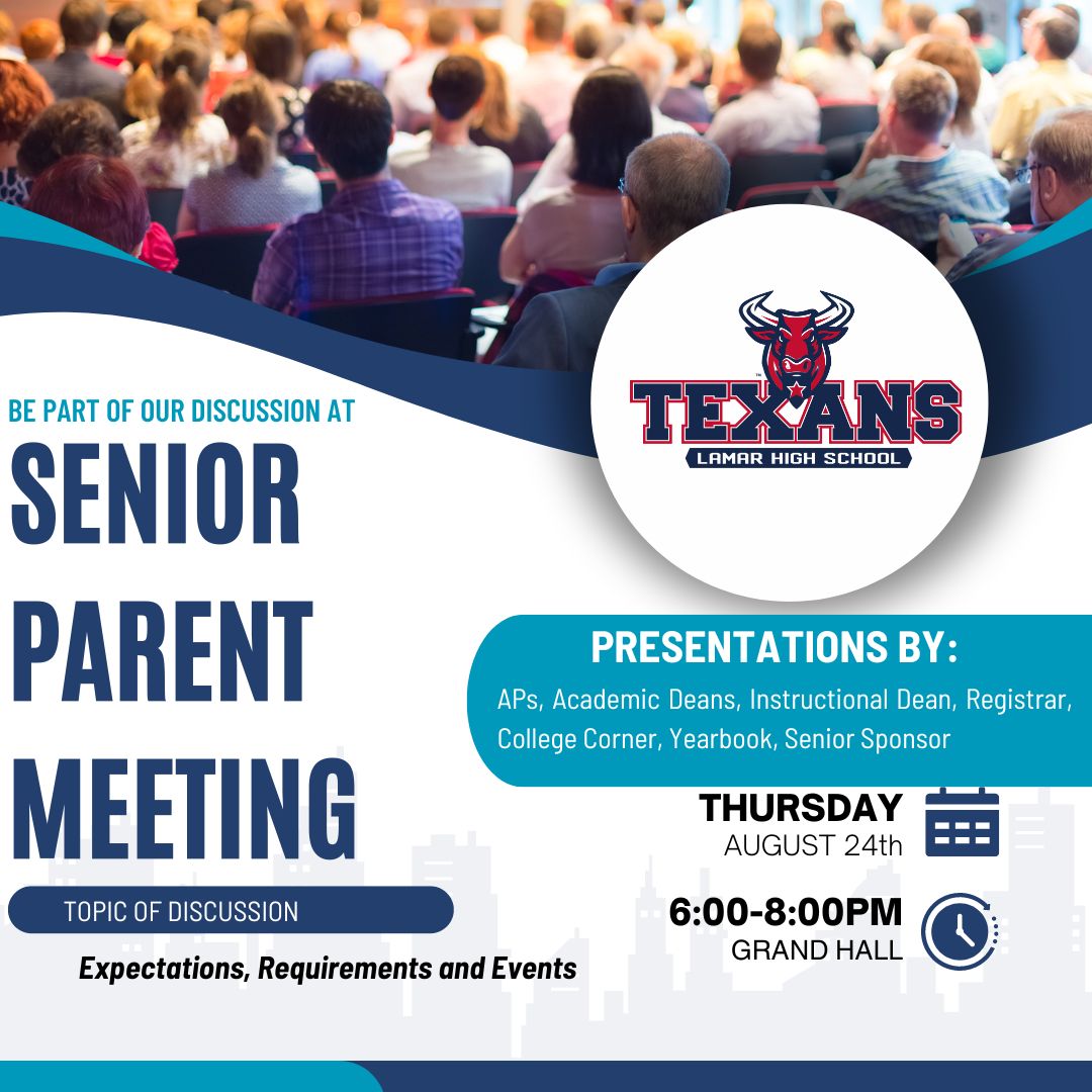 SAVE THE DATE! It's time to take the next step in our journey! It's the Senior Parent Meeting and an opportunity to learn about the exciting opportunities and challenges that lie ahead.