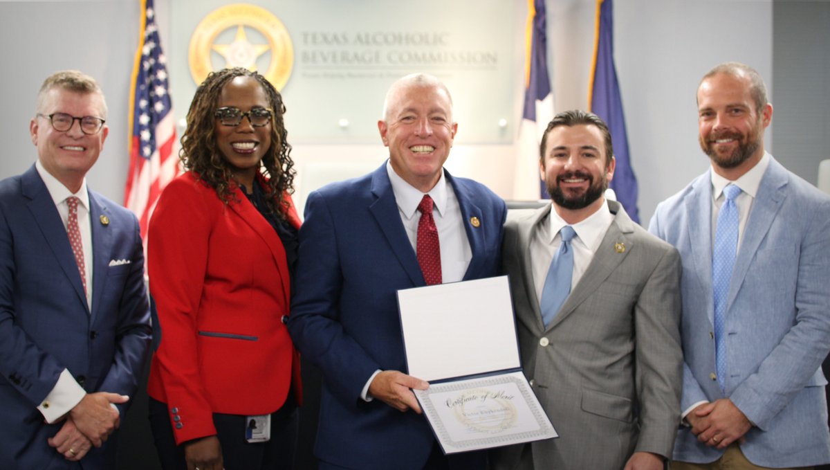 TexasABC's tweet photo. At today's Commission Meeting, the agency honored Executive Chief of Law Enforcement Victor Kuykendoll for his service to the state. Chief Kuykendoll has been with TABC since 2001, and is retiring Aug. 31 after 31 years in law enforcement.

Congratulations on your retirement! https://t.co/cuPRFywt6e