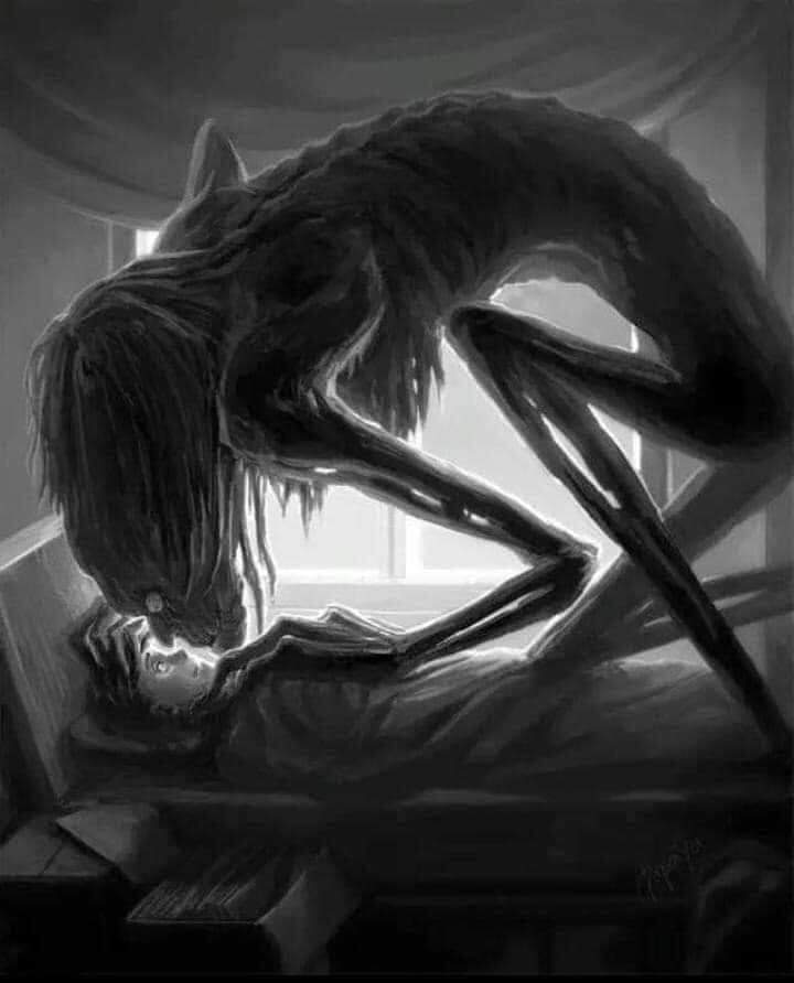 This is a special Jin called 'Al-kaboos' that attacks you in your sleep. The symptoms of the attack are when a person is asleep and imagines something heavy pressing upon their chest, squeezing them and constricting their breathing, hence they cannot speak or move, Thread