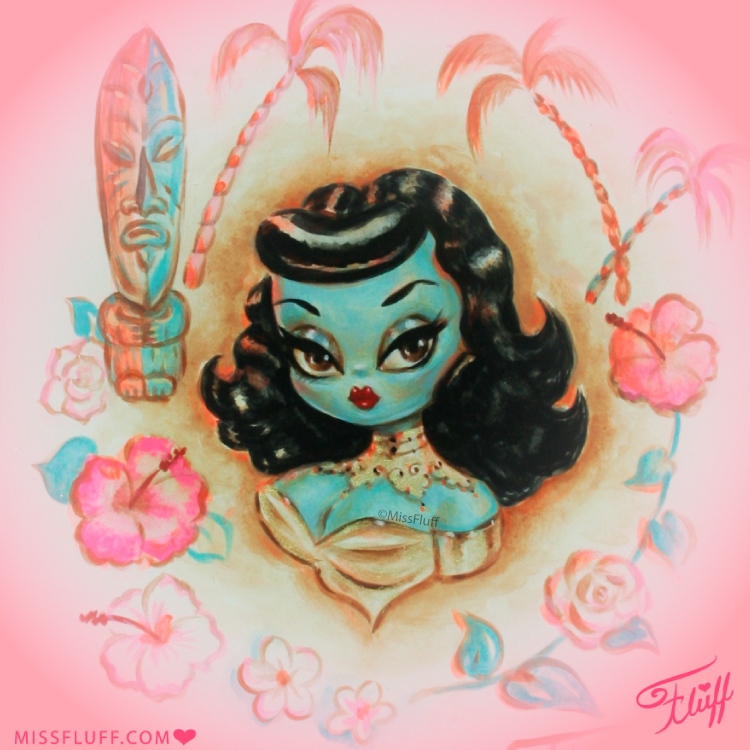 💙💚 Happy Tiki Tuesday! 💙💚
Here is a blue tiki exotica dolly I painted in gouache and glitter a while back. I was inspired by the artist, Tretchikoff's blue ladies.
💋
 #tikituesday  #flashback  #tikiart #tikistyle #tikitime