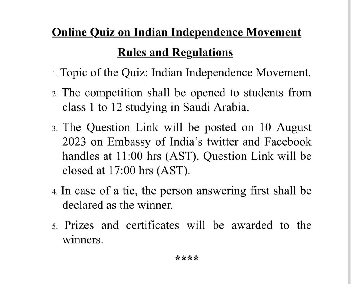 📢As part of #AzadiKaAmritMahotsav and prelude to the 77th Independence Day celebrations , Embassy of India, Riyadh is organizing a virtual Quiz on Indian Independence Movement.

🔗Rule and Regulations are attached.

<a href="/MEAIndia/">Randhir Jaiswal</a> 
<a href="/IndianDiplomacy/">Indian Diplomacy</a>