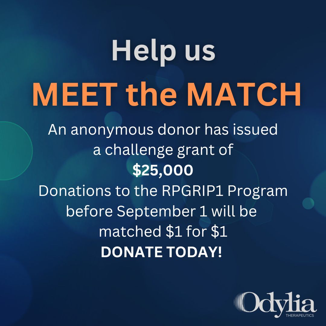 Odylia Therapeutics (@odyliatx) on Twitter photo Consider donating to the #RPGRIP1 #GeneTherapy program before Sept 1 & your donation will be matched dollar-for-dollar. Your gift will help us reach our goal of raising $400,000 for the RPGRIP1 Program & clinical trials in 2025. odyliatherapeutics.salsalabs.org/rpgrip1campaig…
#DontStopHope #visionloss Consider donating to the #RPGRIP1 #GeneTherapy program before Sept 1 & your donation will be matched dollar-for-dollar. Your gift will help us reach our goal of raising $400,000 for the RPGRIP1 Program & clinical trials in 2025. odyliatherapeutics.salsalabs.org/rpgrip1campaig…
#DontStopHope #visionloss