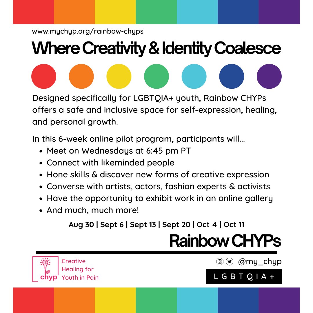 Check out this Amazing New Resource for LGBTQIA+ youth from <a href="/my_chyp/">Creative Healing for Youth in Pain</a>!
Register using the link below!
mychyp.org/Rainbow-CHYPs