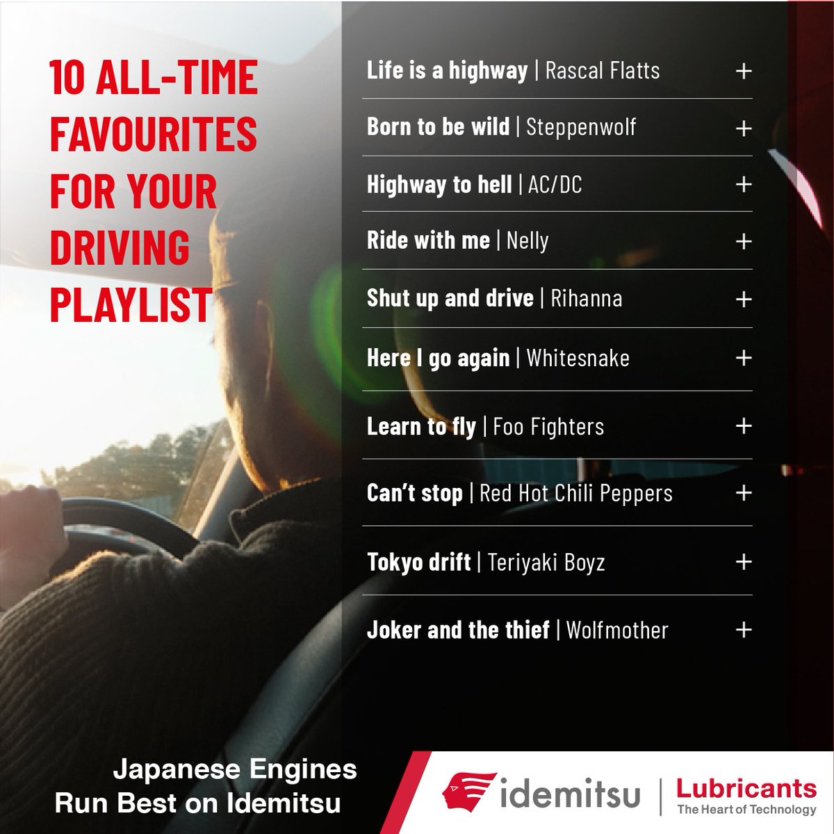 IdemitsuK's tweet photo. Who doesn’t like to pair a good playlist with a great driving experience? Here are some all-time favourite songs that we think will put you in a driving mood!

Feel free to share your driving playlist with us as well!

#IdemitsuKenya #Kenya #Africa #Idemitsu #EngineOil https://t.co/rv4dn2ChgN