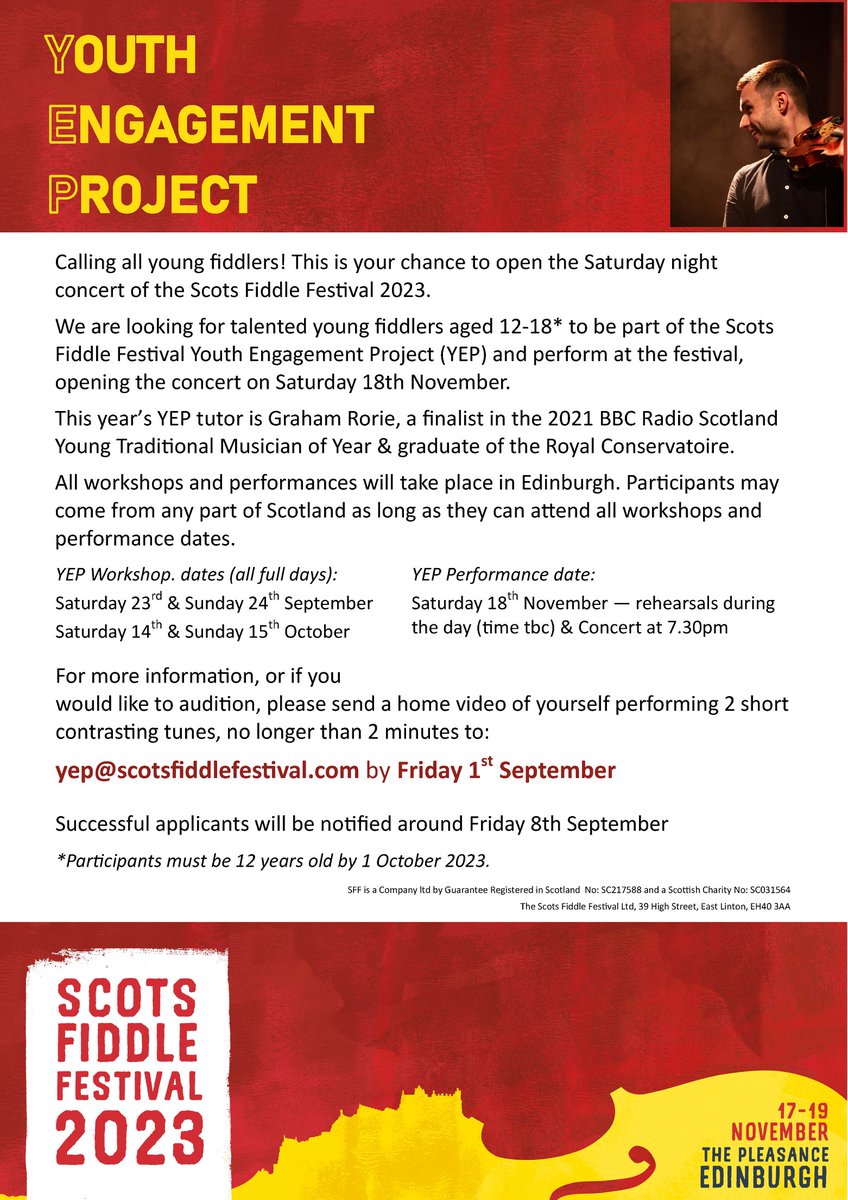 Please RT! Calling all young fiddle players aged 12-18...you've got til 01 Sept to audition to be part of the Saturday night concert at the 2023 #ScotsFiddleFestival AND learn from the amazing
<a href="/graham_rorie/">Graham Rorie</a>! If this sounds like you (or someone you know )-read on! <a href="/EU_SSSA/">SSSA</a>