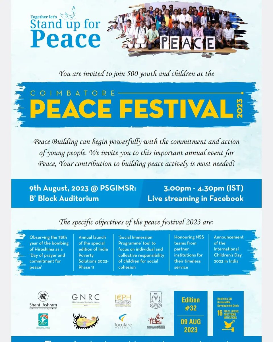 gnrc_india's tweet photo. COIMBATORE PEACE FESTIVAL 2023
Peace Building can begin powerfully with children and young people!Come join us💙
#gnrcindia 
#shantiashram
#endchildpoverty_arigatou https://t.co/QRi5jqDCIB